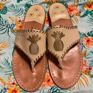 Jack Rogers pineapple leather sandals, beige and gold, 9.5